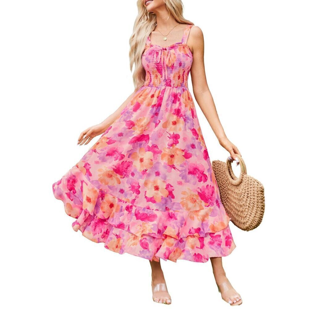 NWT GRACE KARIN Floral Boho Dress Square Neck Strapped Swing A Line Sundress "L"